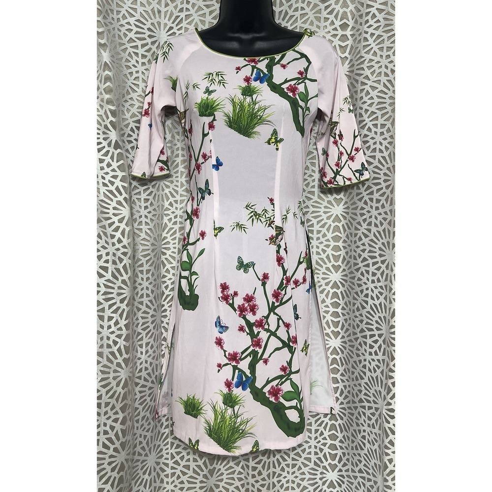 Pink Botanical Midi Dress Qipao Inspired Side Slit